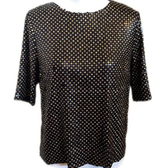 FRNCH black short sleeve blouse, back zip, heavily sequined (gold), M - Picture 1 of 8